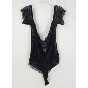 Evelust Womens Sz 4X Black Lace Teddy Snap Crotch On or Off Shoulder Sleeves